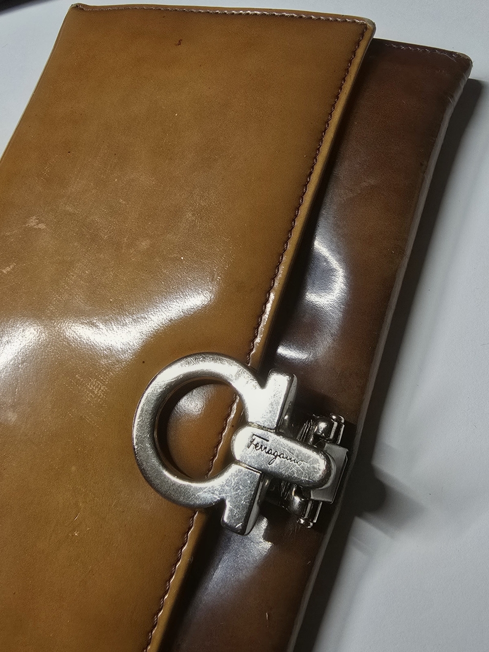 Salvatore Ferragamo Two-Tone Tan & Brown Leather Wallet with Gancini Clasp